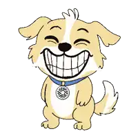 a cartoon dog wearing a blue collar is smiling