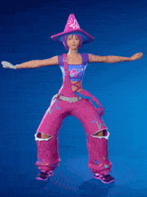a girl with purple hair and pink overalls is standing with her arms outstretched in front of a blue background