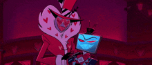 a couple of cartoon characters with hearts on their faces