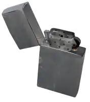 a silver lighter with its lid open and a coin in it