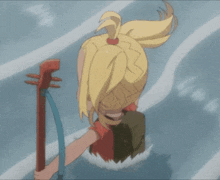 a girl in a ponytail is holding a guitar in her hand