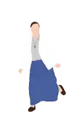a pixel art of a woman wearing a blue skirt