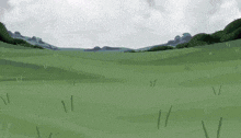 a painting of a green field with a few trees in the background