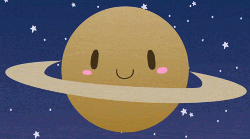 A cartoon Saturn with a happy face, spinning in circles against the backdrop of cartoon space.
