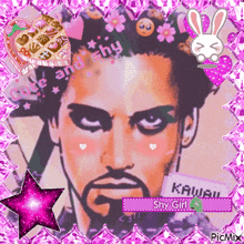 a picture of a man with a beard is surrounded by pink hearts and flowers and says kawaii shy girl