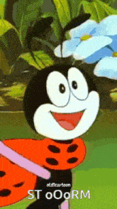 a ladybug from old cartoon stooorm is standing in front of flowers