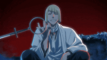 a man in a white shirt is holding a sword in his right hand