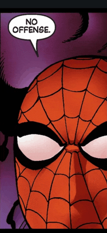 a close up of spider man 's face with a speech bubble saying no offense