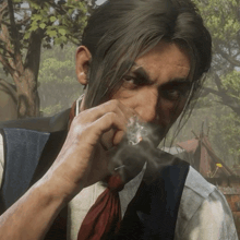 a man with long hair is smoking a cigarette with smoke coming out of his mouth