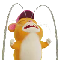 a cartoon hamster wearing a pink hat is crying with water coming out of his mouth
