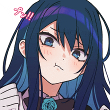 a drawing of a girl with blue hair and a blue rose in her hair