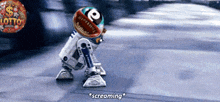 r2d2 from star wars is screaming in front of a lotto sign