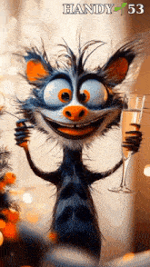 a cartoon character holding a glass of wine with the number 53 on it