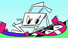 a cartoon drawing of a white rabbit sitting on a purple couch