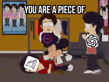 a cartoon of jonas brothers and mickey mouse with the words you are a piece of on the bottom