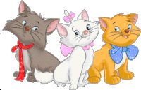 three cartoon cats are sitting next to each other with one wearing a bow tie