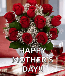 a happy mother 's day card with a vase of red roses and wine glasses