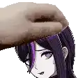 a hand is putting a purple haired anime girl 's head on a white background .