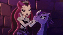 a cartoon of a girl holding a purple dragon