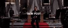 a room with a red carpet and a smoke coming out of it that says new post