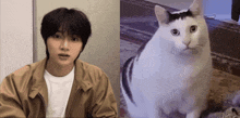a man and a cat are sitting next to each other . the cat is looking at the camera .
