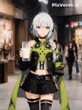 a girl with headphones is holding a glass of milk in front of a store that says pixverse.ai