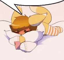 a cartoon of a fox laying on a bed with a speech bubble above her