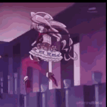a cartoon character is flying through the air in a room with purple walls .