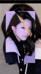 a woman 's face is divided in half by a purple border