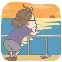 a cartoon drawing of a woman looking at the ocean