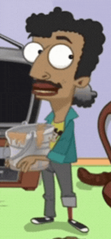 a cartoon character with a mustache is holding a container