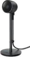 a black webcam is sitting on a stand with a white background