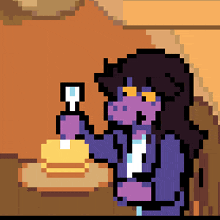 a pixel art of a girl holding a cup