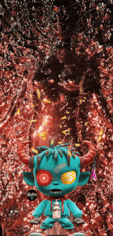 a cartoon character with horns and a bottle of slotto
