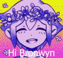 a cartoon character with a flower crown on her head is smiling and says hi bronwyn .