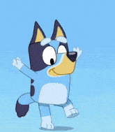 a cartoon dog is jumping in the air with his arms outstretched and his mouth open .