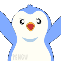 a blue and white penguin with the word pengu on the bottom right