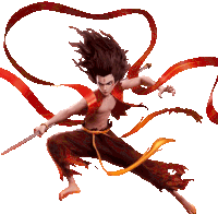 a cartoon character is holding a sword with red ribbons coming out of his hair