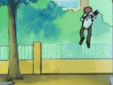 a cartoon drawing of a person hanging from a tree