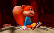 a cartoon squirrel wearing a blue shirt is sitting on the ground