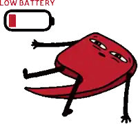 a cartoon of a red object with arms and legs and a low battery sign