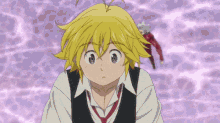 a cartoon of a boy with yellow hair and a purple background