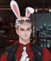 a man wearing bunny ears and sunglasses is standing in front of a window .