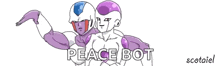 a drawing of two purple superheros standing next to each other with the words peace bot written below them .