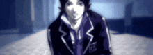 a blurry picture of a person wearing a purple suit