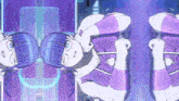 a purple and white cartoon character with blue hair is standing in front of a purple background