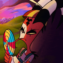 a cartoon character holding a colorful lollipop in his mouth