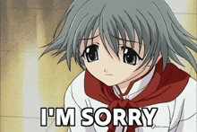 a girl with gray hair says i 'm sorry in white letters