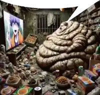 a cartoon character is sitting in a messy room with a box of orange slices on the floor