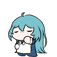 a cartoon of a girl with long blue hair is sitting down with her eyes closed